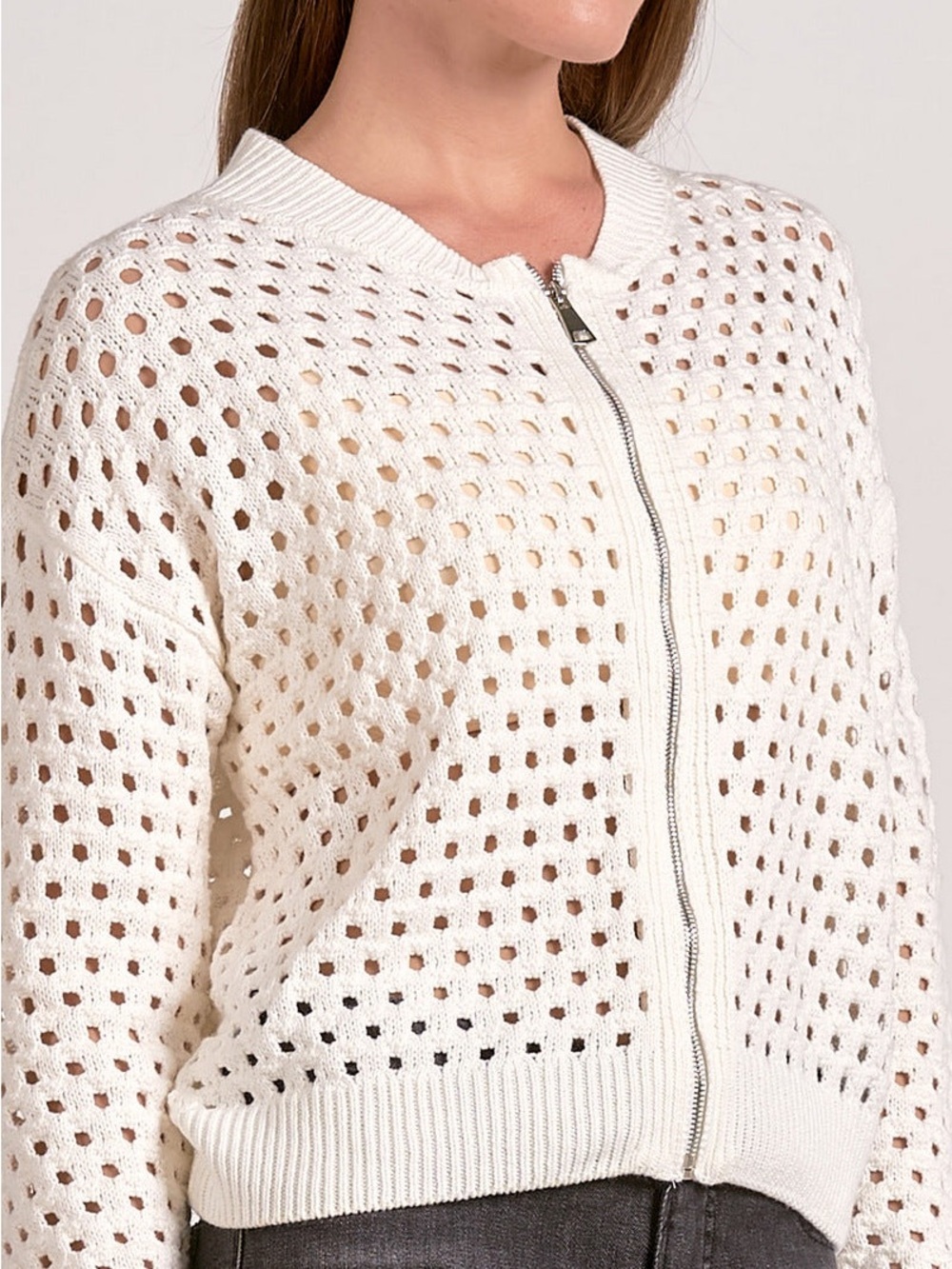 Elan Aster cable knit Sweater Cardigan Zip Up relaxed fit White size large NWT - Picture 4 of 12